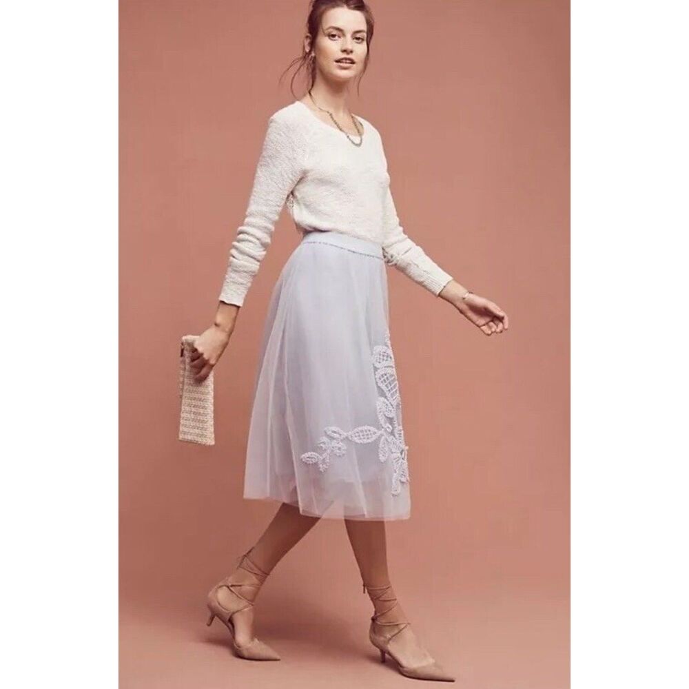 NWT Anthropologie Maeve Fleurs Du Nuit Embroidered Tulle Midi Skirt in Silver M - Picture 11 of 11